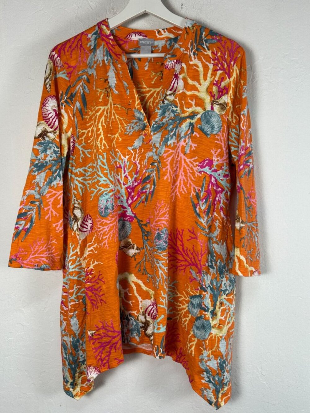 Chico's Womens Orange Reef Print Tunic Size 2 Large 3/4 Sleeve Summer Top Casual